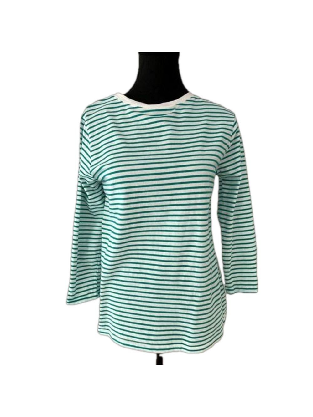 DUNNES STORES Green White Striped Cotton Blend 3/4 Sleeve T-Shirt Casual Basic